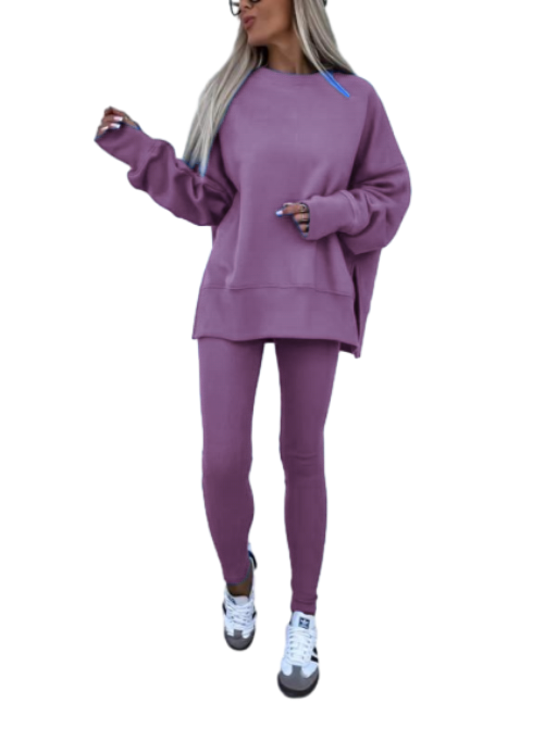 Women's Solid Drop Shoulder Split Hem Sweatshirt & Pants Two-piece Set, Casual Fashion Cozy Breathable Outfits for Daily Outdoor Wear, Ladies Sportswear for All Seasons