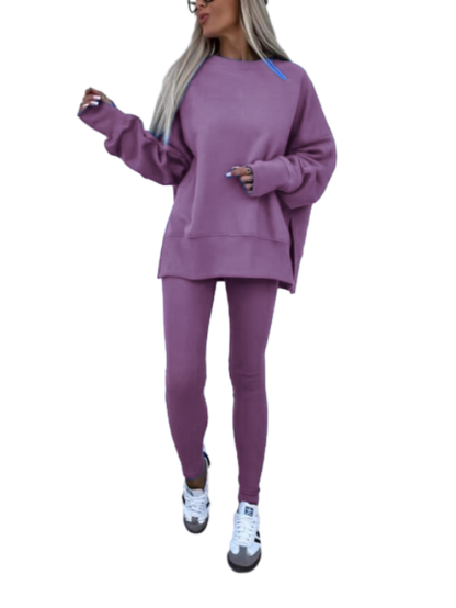 Women's Solid Drop Shoulder Split Hem Sweatshirt & Pants Two-piece Set, Casual Fashion Cozy Breathable Outfits for Daily Outdoor Wear, Ladies Sportswear for All Seasons