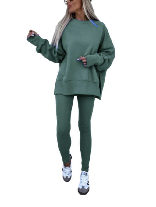 Women's Solid Drop Shoulder Split Hem Sweatshirt & Pants Two-piece Set, Casual Fashion Cozy Breathable Outfits for Daily Outdoor Wear, Ladies Sportswear for All Seasons