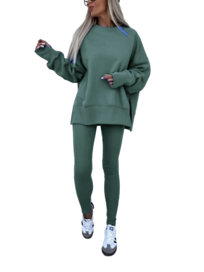 Women's Solid Drop Shoulder Split Hem Sweatshirt & Pants Two-piece Set, Casual Fashion Cozy Breathable Outfits for Daily Outdoor Wear, Ladies Sportswear for All Seasons