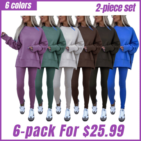 Women's Solid Drop Shoulder Split Hem Sweatshirt & Pants Two-piece Set, Casual Fashion Cozy Breathable Outfits for Daily Outdoor Wear, Ladies Sportswear for All Seasons