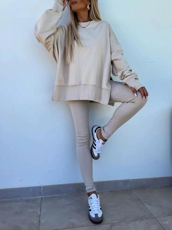 Women's Solid Drop Shoulder Split Hem Sweatshirt & Pants Two-piece Set, Casual Fashion Cozy Breathable Outfits for Daily Outdoor Wear, Ladies Sportswear for All Seasons