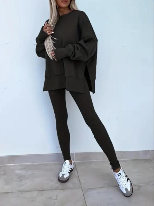 Women's Solid Drop Shoulder Split Hem Sweatshirt & Pants Two-piece Set, Casual Fashion Cozy Breathable Outfits for Daily Outdoor Wear, Ladies Sportswear for All Seasons