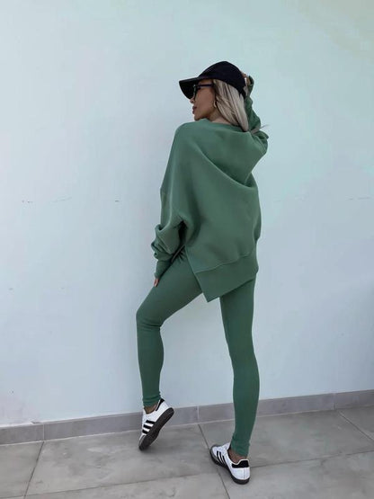 Women's Solid Drop Shoulder Split Hem Sweatshirt & Pants Two-piece Set, Casual Fashion Cozy Breathable Outfits for Daily Outdoor Wear, Ladies Sportswear for All Seasons