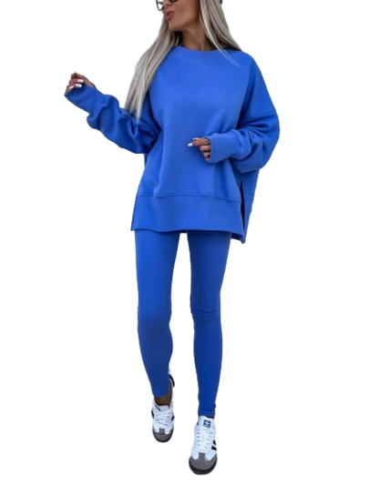 Women's Solid Drop Shoulder Split Hem Sweatshirt & Pants Two-piece Set, Casual Fashion Cozy Breathable Outfits for Daily Outdoor Wear, Ladies Sportswear for All Seasons