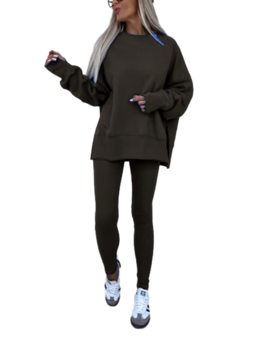 Women's Solid Drop Shoulder Split Hem Sweatshirt & Pants Two-piece Set, Casual Fashion Cozy Breathable Outfits for Daily Outdoor Wear, Ladies Sportswear for All Seasons