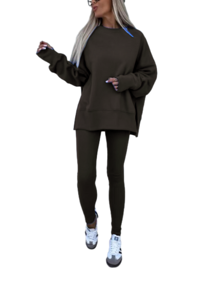 Women's Solid Drop Shoulder Split Hem Sweatshirt & Pants Two-piece Set, Casual Fashion Cozy Breathable Outfits for Daily Outdoor Wear, Ladies Sportswear for All Seasons