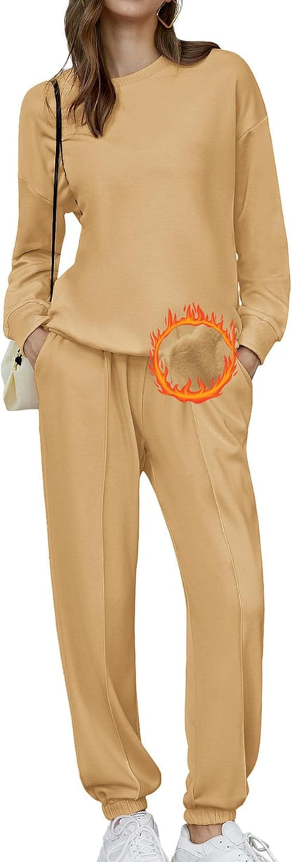 🎄Christmas Sale🔥Women's Two-Piece Oversized Fleece Sweatsuit Outfit Winter Sherpa Lined Sweatshirt and Sweatpants Sets