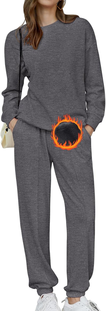 🎄Christmas Sale🔥Women's Two-Piece Oversized Fleece Sweatsuit Outfit Winter Sherpa Lined Sweatshirt and Sweatpants Sets