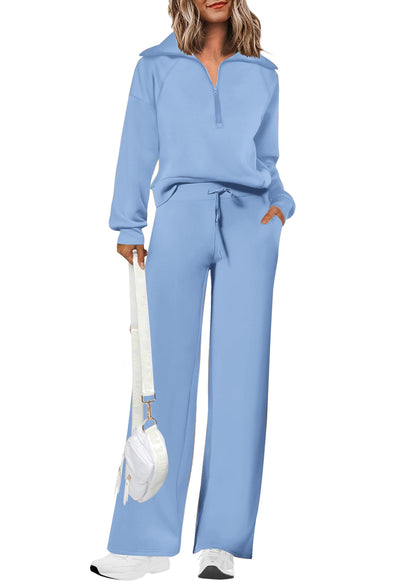 Women's Cotton Two-Piece Outfits Lapel Half-Zip Sweatshirt Wide Leg Sweatpants Casual Suit
