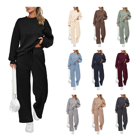 Women's Cotton Two-Piece Oversized Half-Zip Sweatshirt Wide Leg Sweatpants Casual Suit
